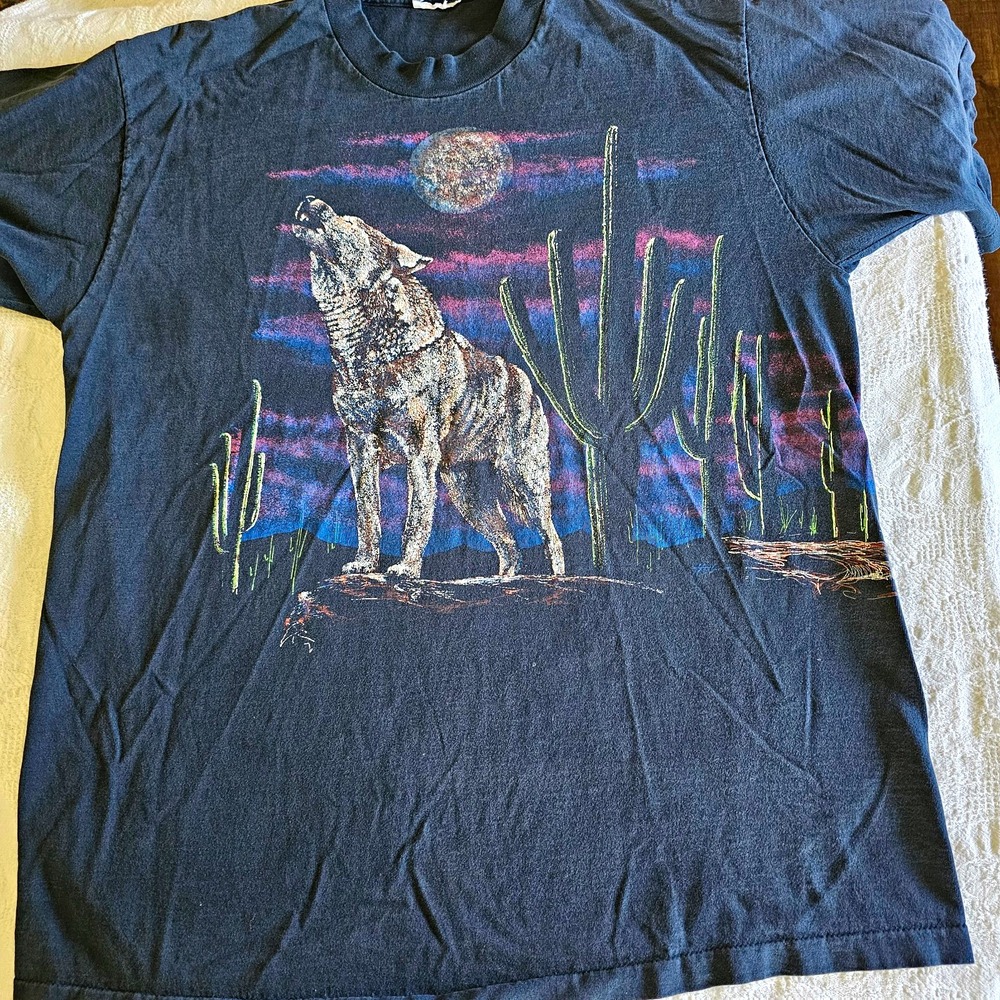 Vintage Wolf Cactus Moon Desert Graphic T Shirt Black Wraparound Print Mens L